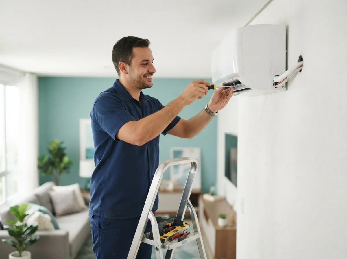 Técnico instalando um ar-condicionado split na parede de uma sala
